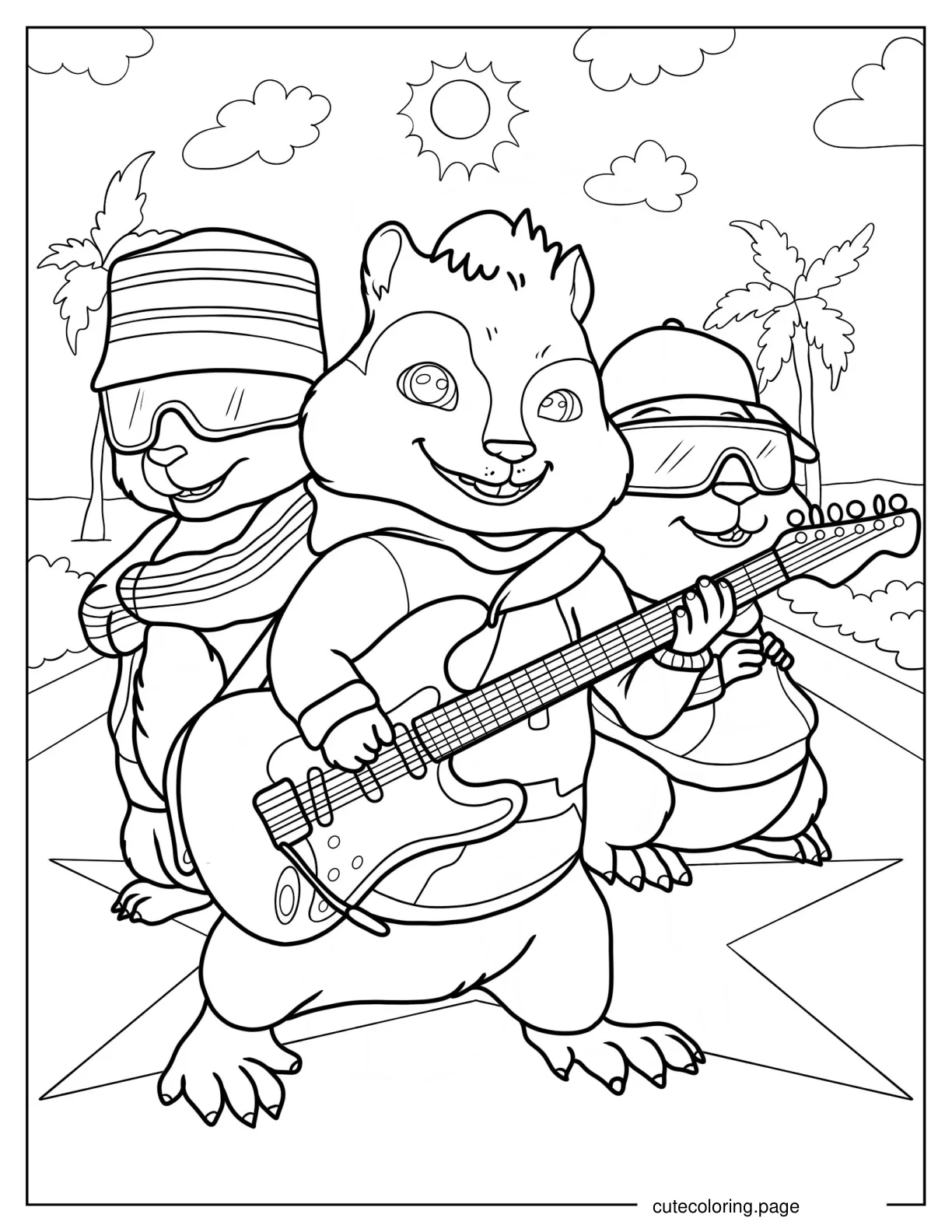 Alvin And The Chipmunks In Sunglasses Holding Electric Guitar coloring page