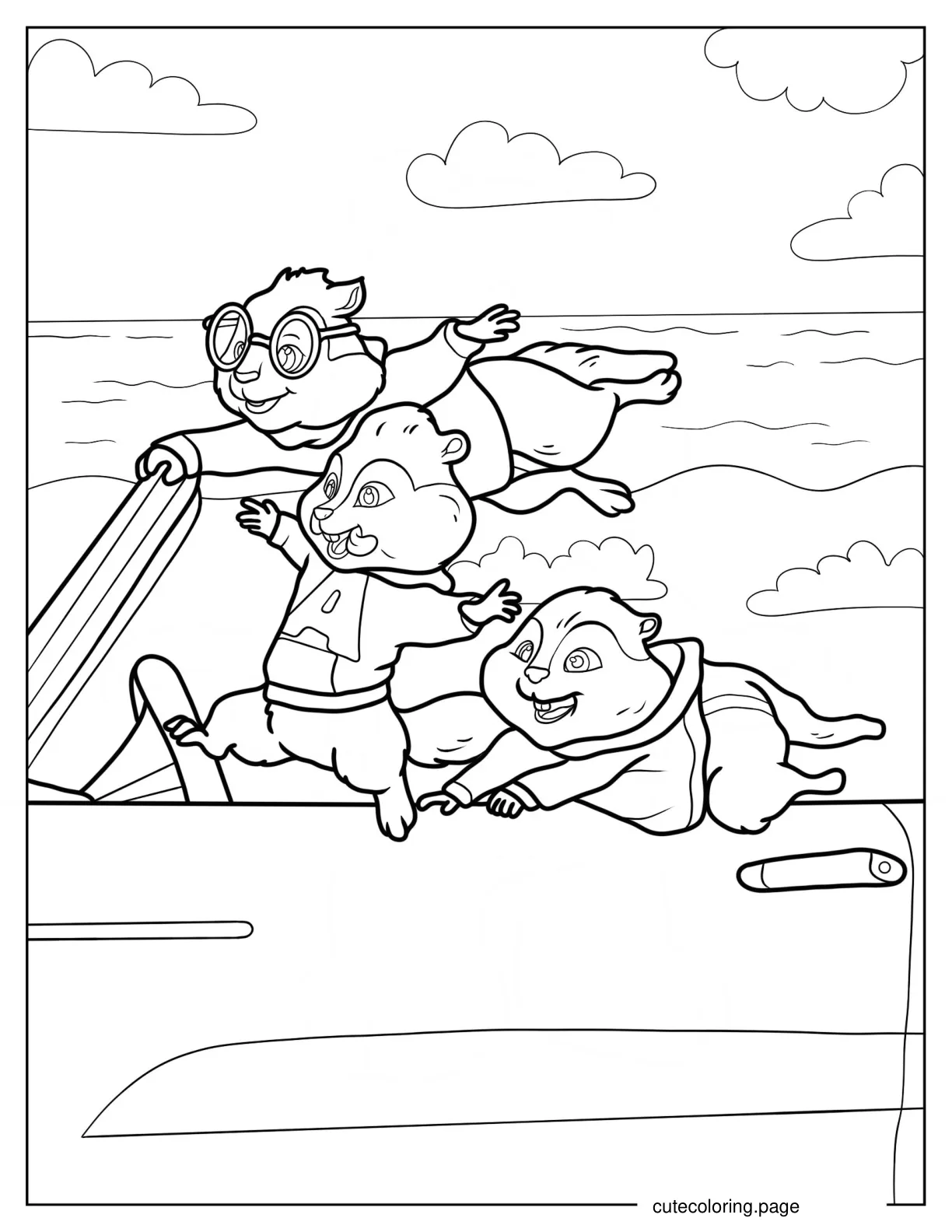 Alvin And The Chipmunks Riding Car By The Beach Coloring Sheet coloring page