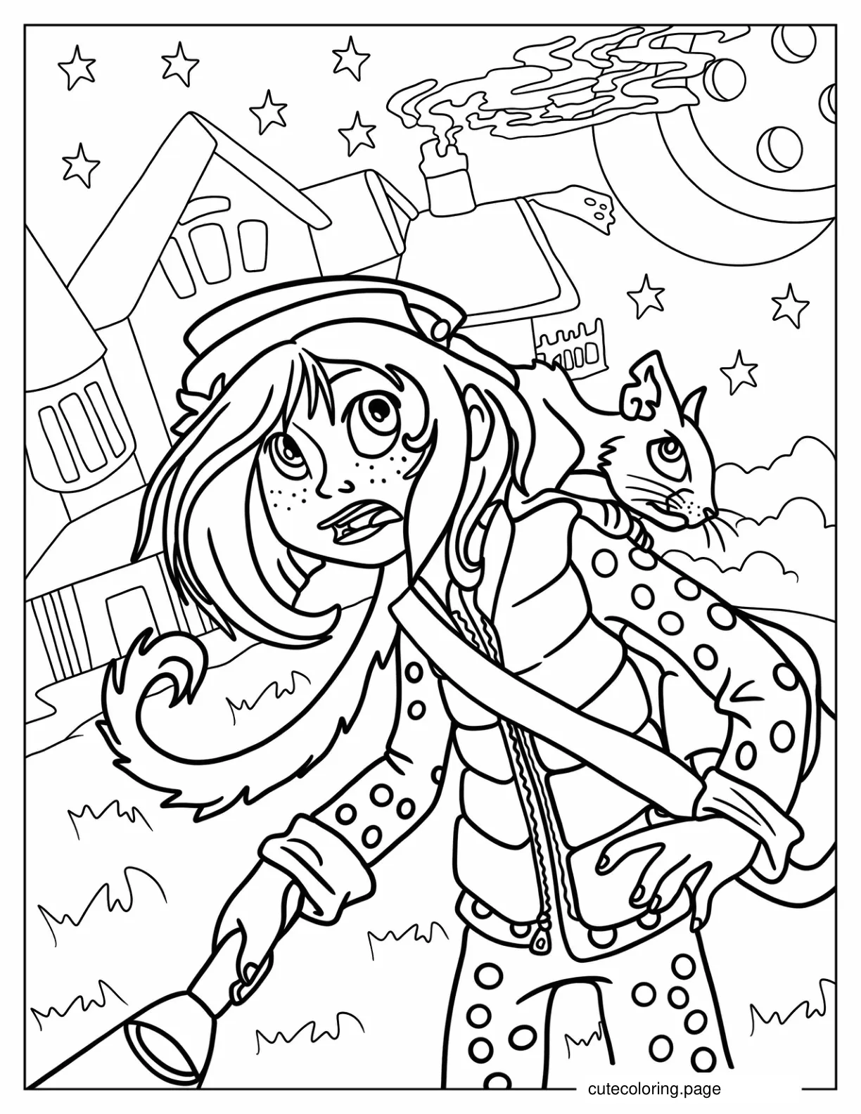 Cartoon Coraline With Cat In Other World Coloring Sheet coloring page