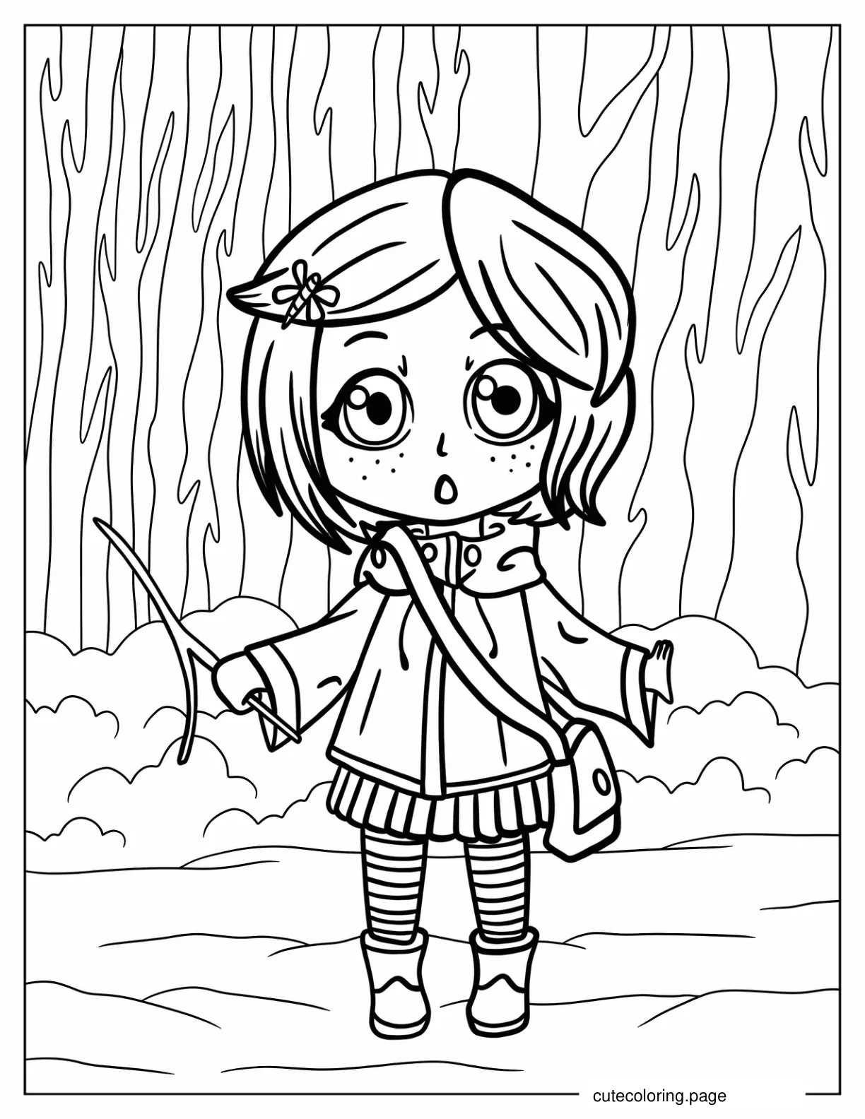 Chibi Coraline Holding Forked Stick Coloring Sheet For Preschoolers coloring page