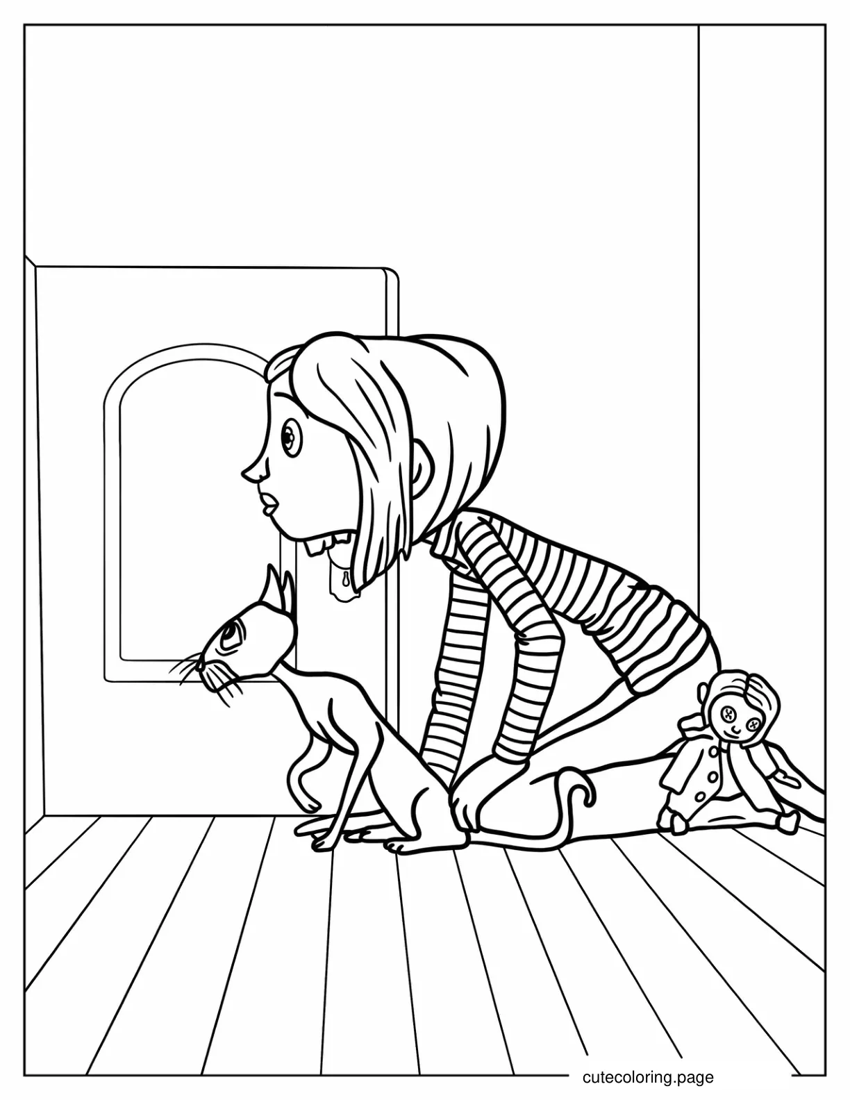 Coraline And Cat Entering Secret Door Coloring Sheet coloring page