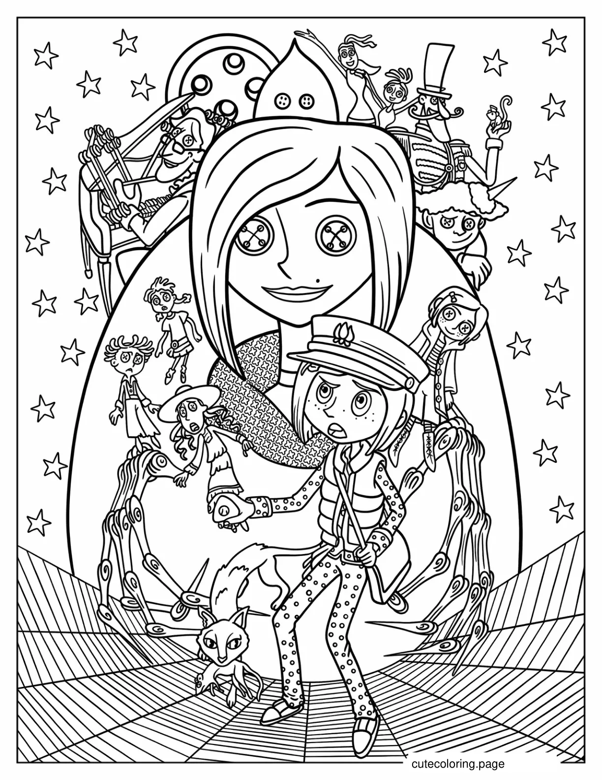 Coraline In The Other World With Cat coloring page