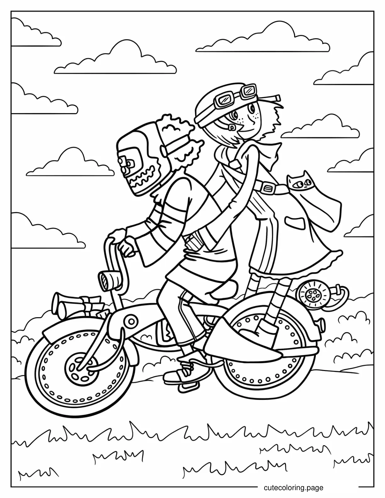 Coraline Riding Bicycle With Wybie Coloring Sheet coloring page