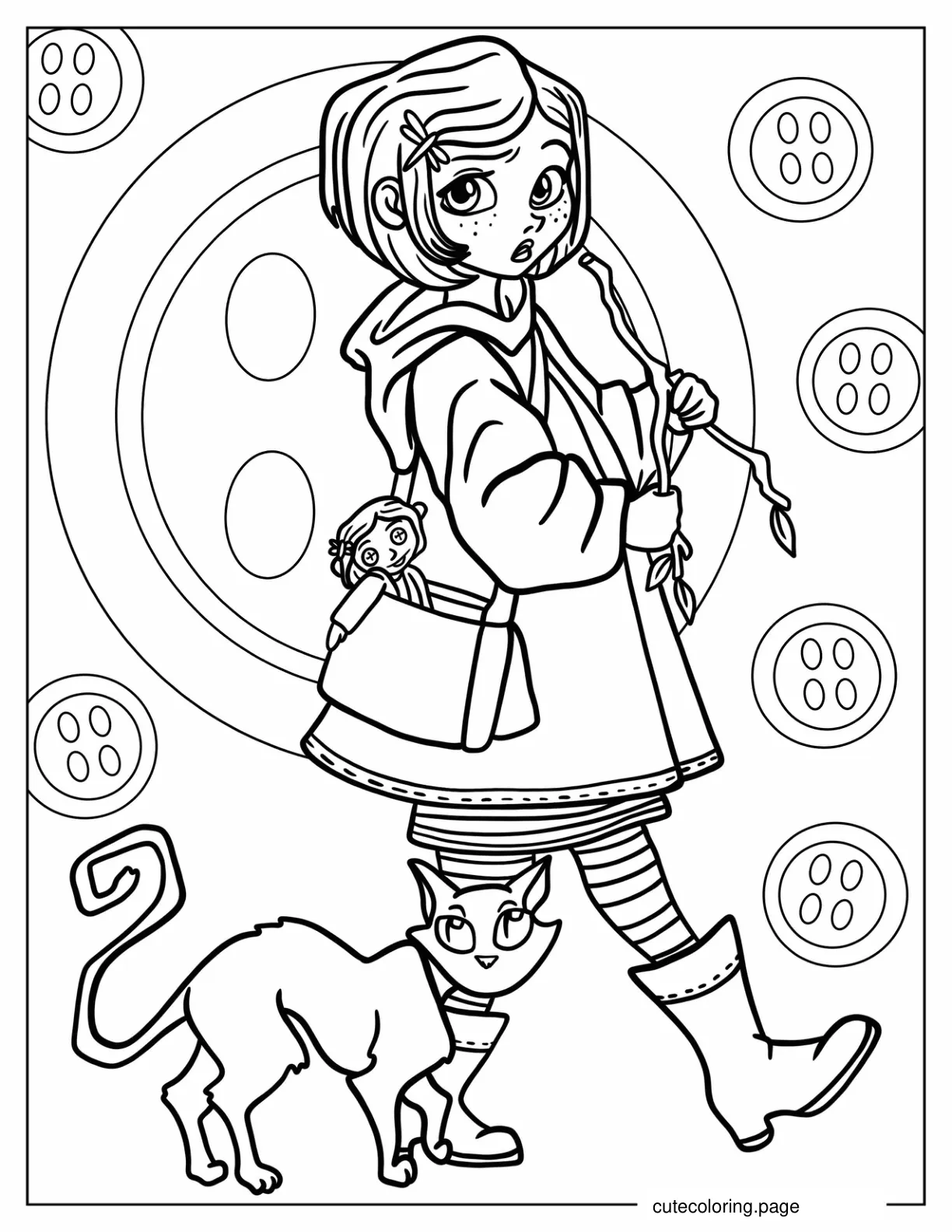 Coraline Walking With Cat And Doll Coraline coloring page