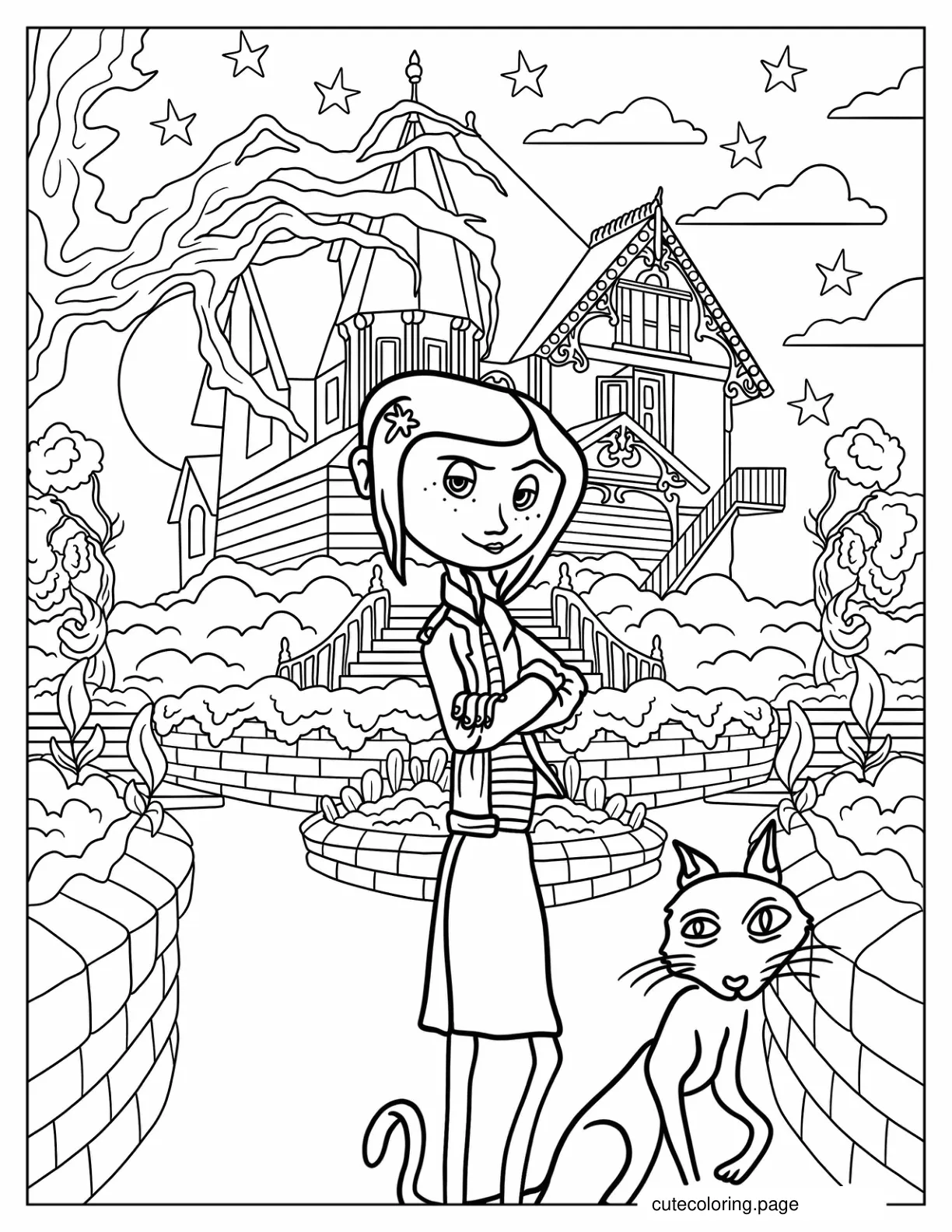 Coraline With Cat Outside House Coloring Page coloring page