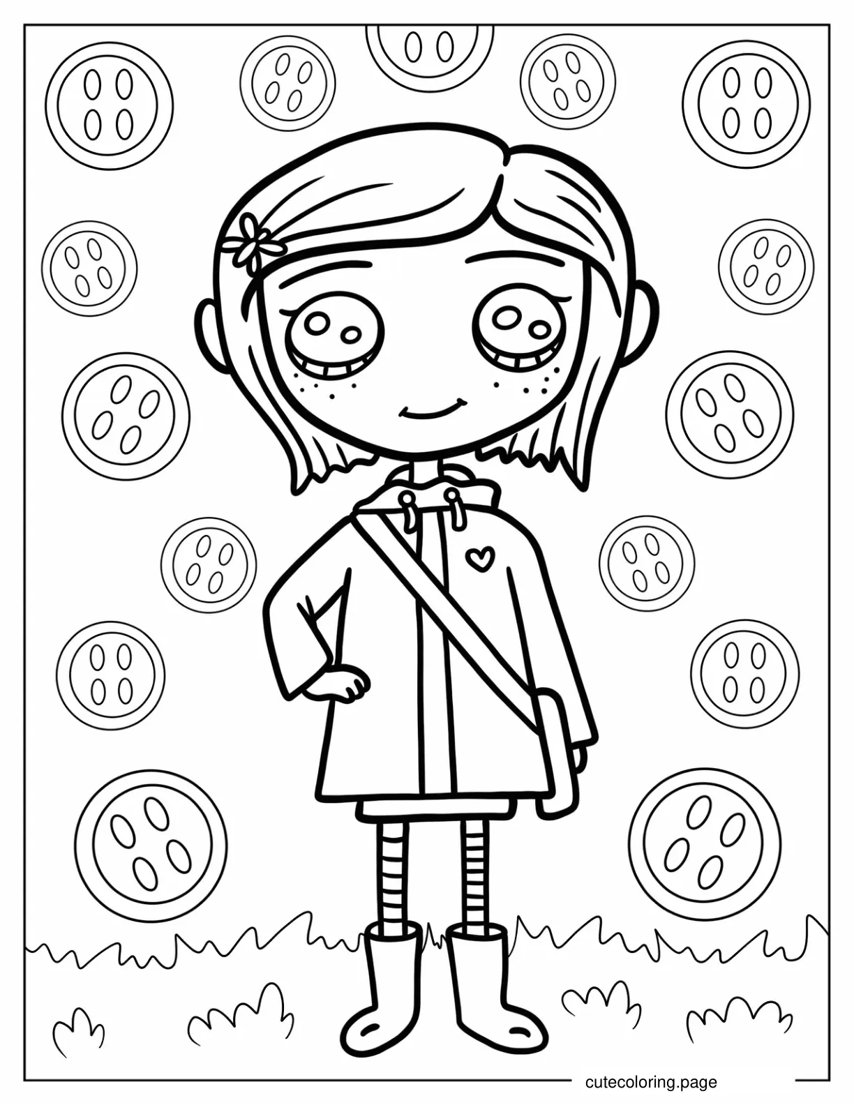 Cute Coraline Wearing Jacket And Bag coloring page