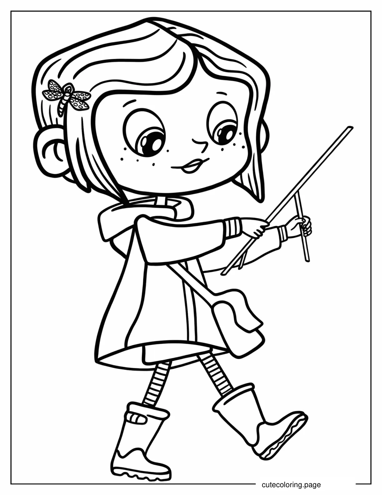 Kawaii Coraline Holding Forked Stick Coloring Sheet For Kids coloring page