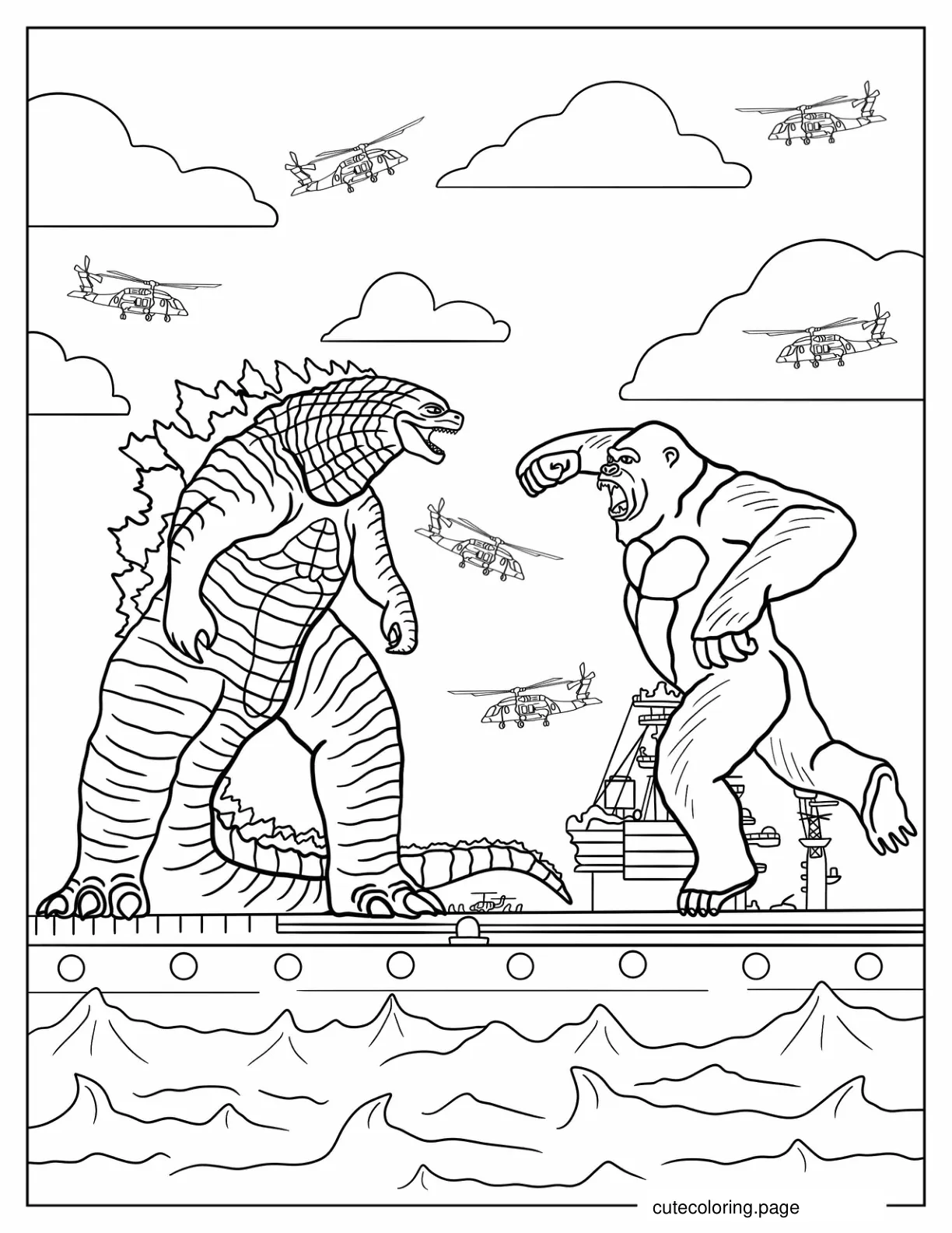 Godzilla And Kong Fighting On Battleship coloring page