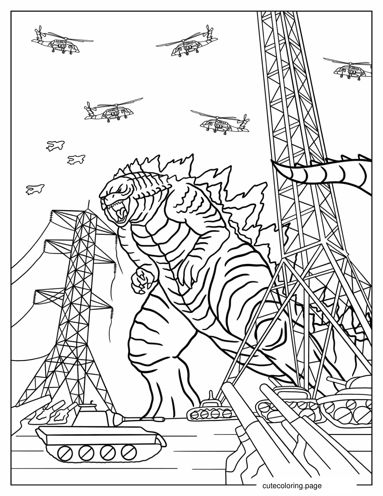 Godzilla Being Attacked By Military Coloring Sheet coloring page