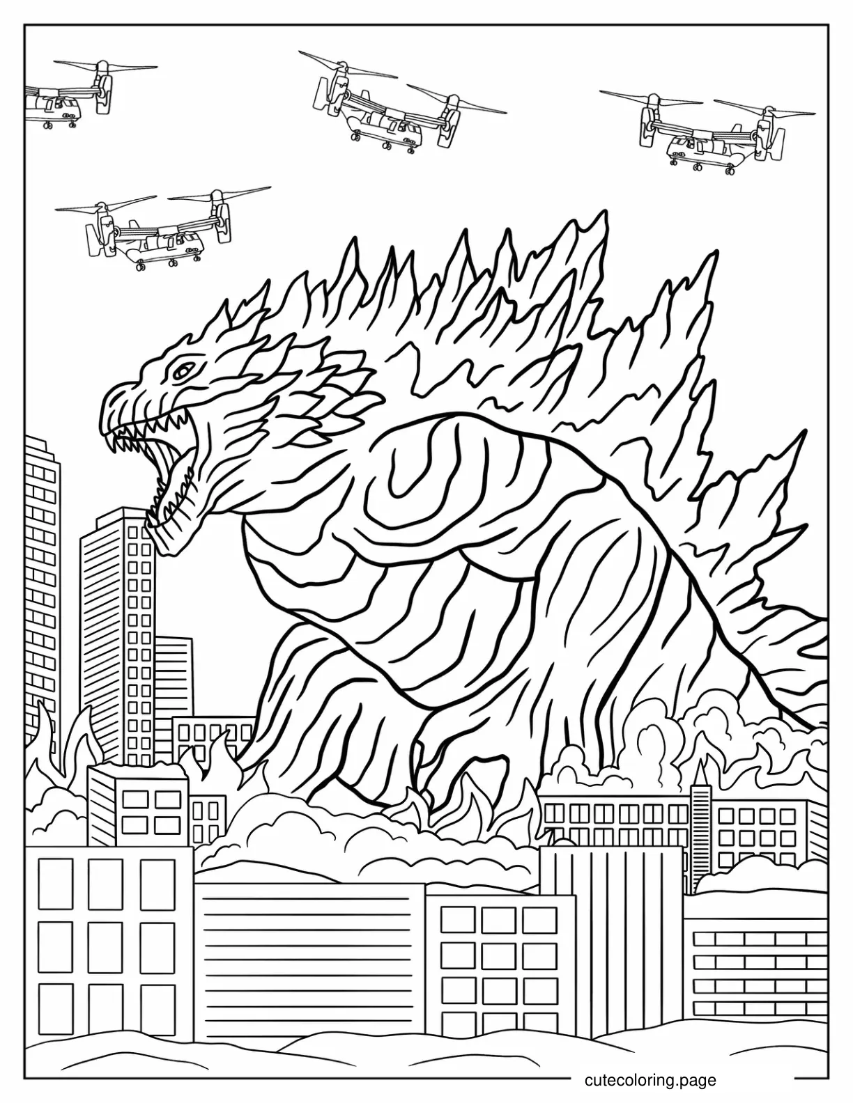 Godzilla Destroying City Coloring Sheet coloring page