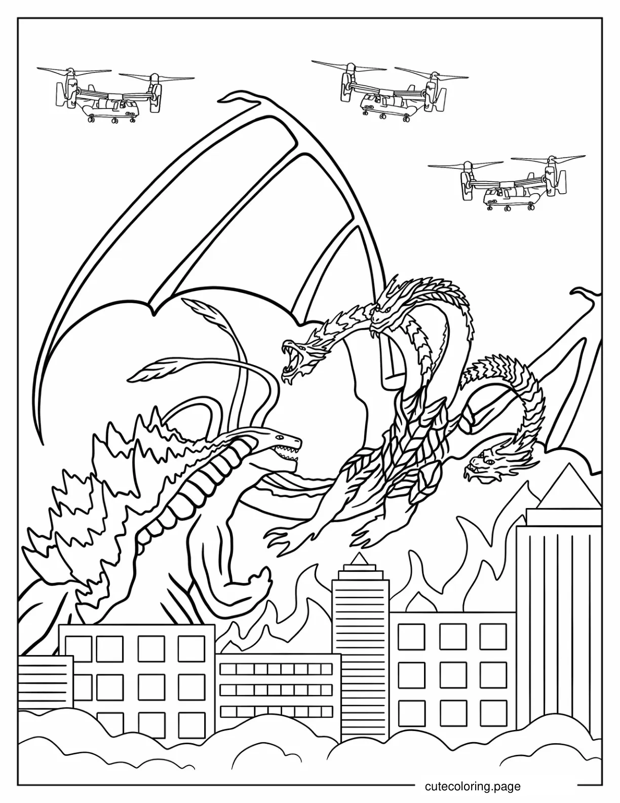 Godzilla Fighting King Ghidorah coloring page