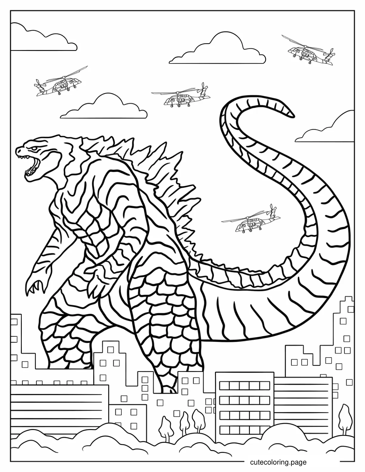 Godzilla In City With Helicopters Coloring Page coloring page