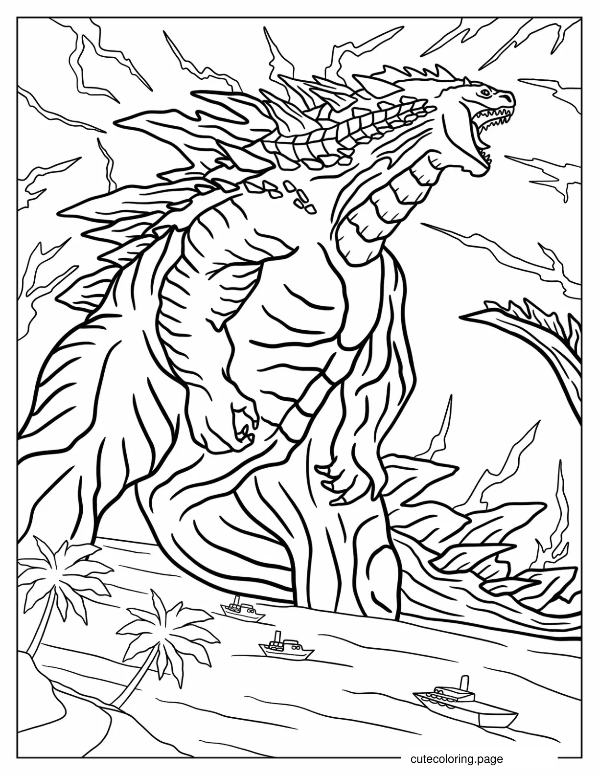 Godzilla In The Sea With Lightning In Sky Coloring Page coloring page