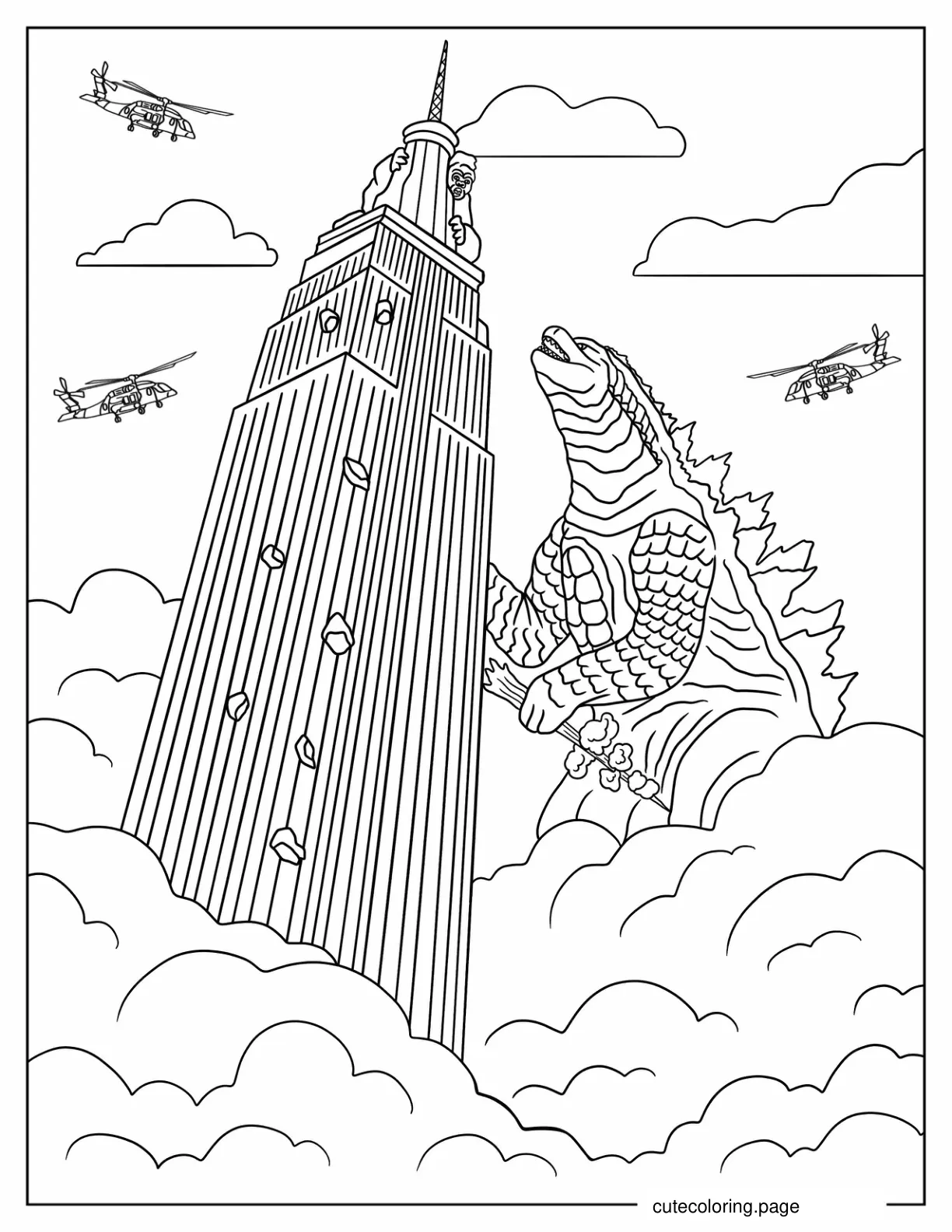 Godzilla Reaching For Kong On Empire State Tower Coloring Sheet coloring page