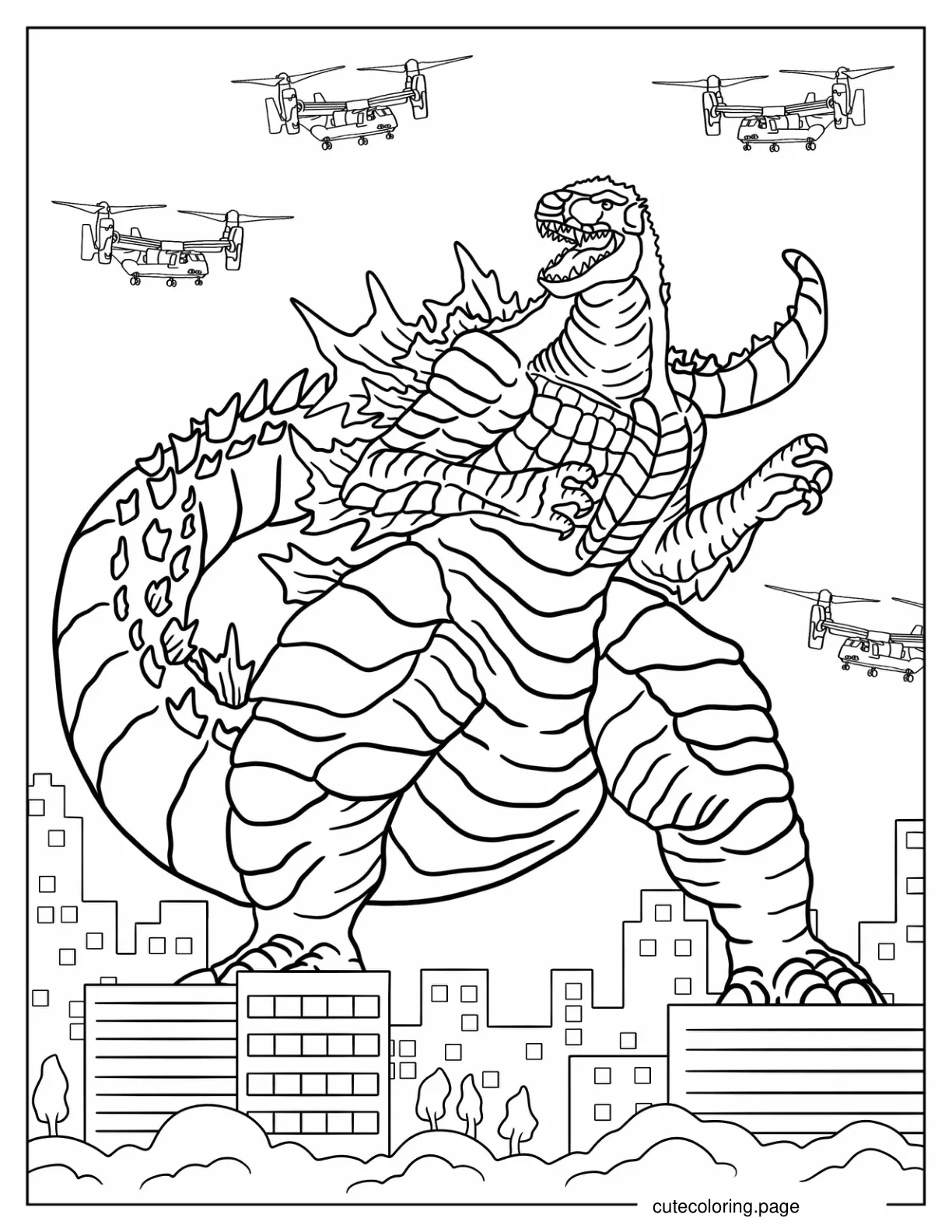 Godzilla Surrounded By Helicopters coloring page