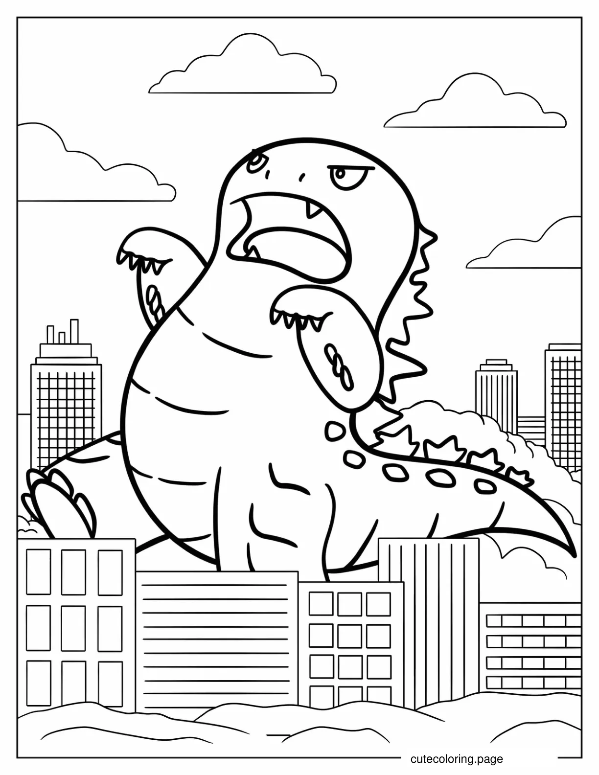 Kawaii Godzilla Destroying City coloring page