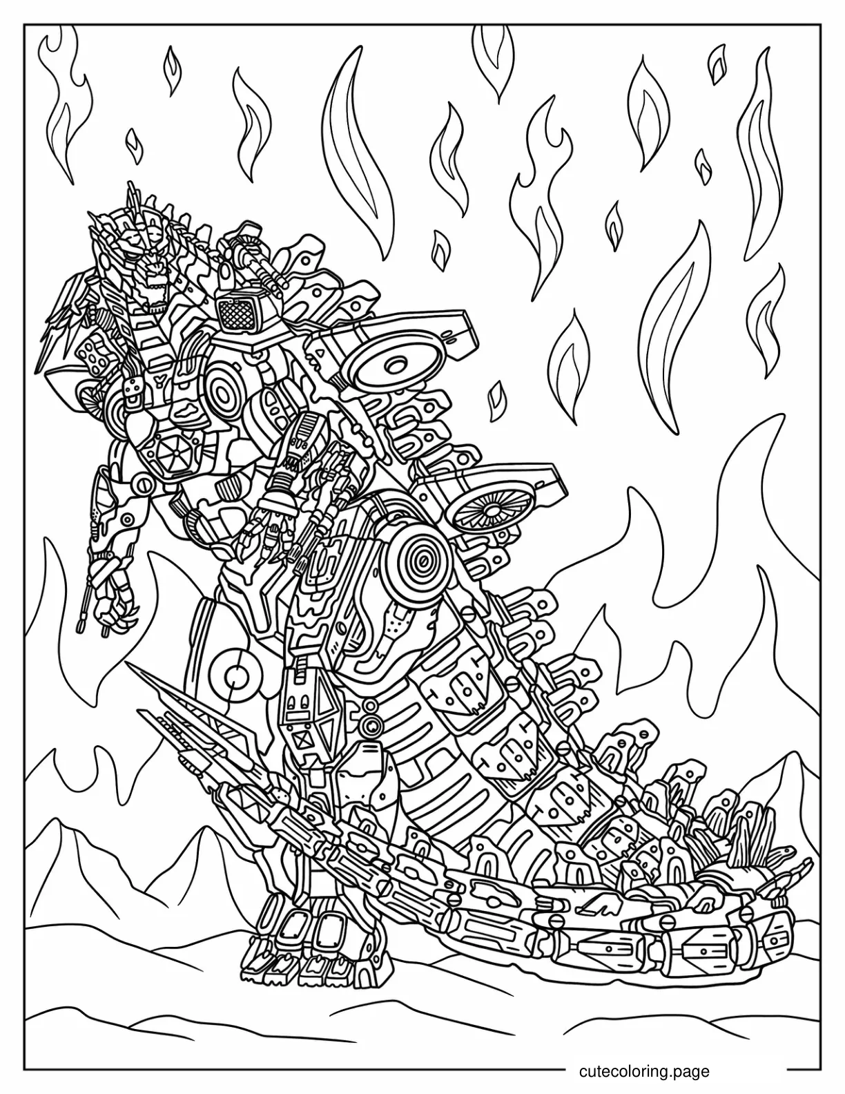 Mechagodzilla In The Middle Of Fire Coloring Page coloring page