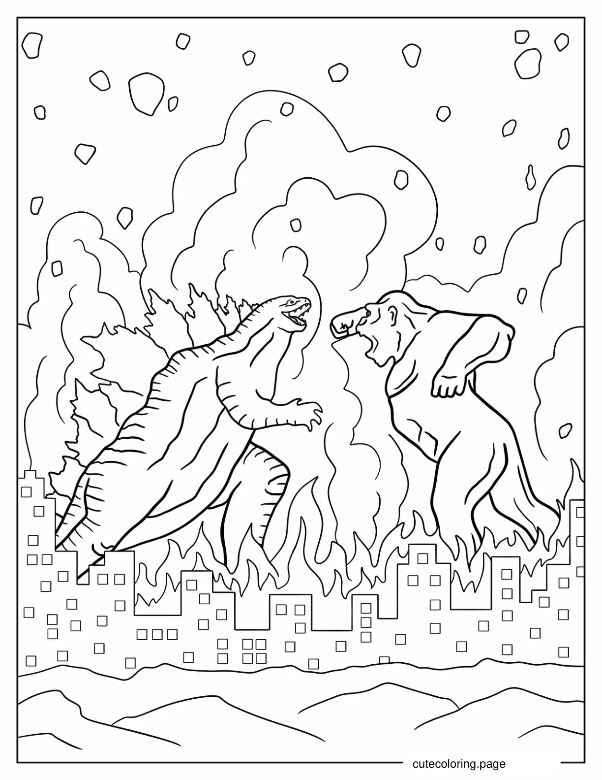 Simple Godzilla Vs Kong Fighting In Burning City coloring page