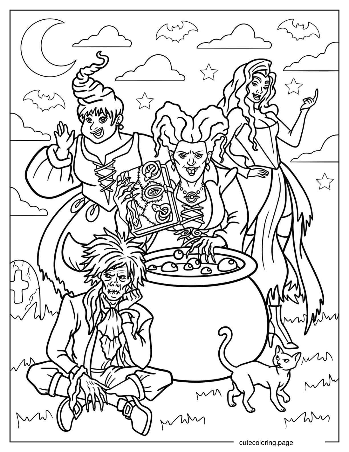 Cartoon Hocus Pocus Witches With Billy Butcherson And Thackery Binx coloring page