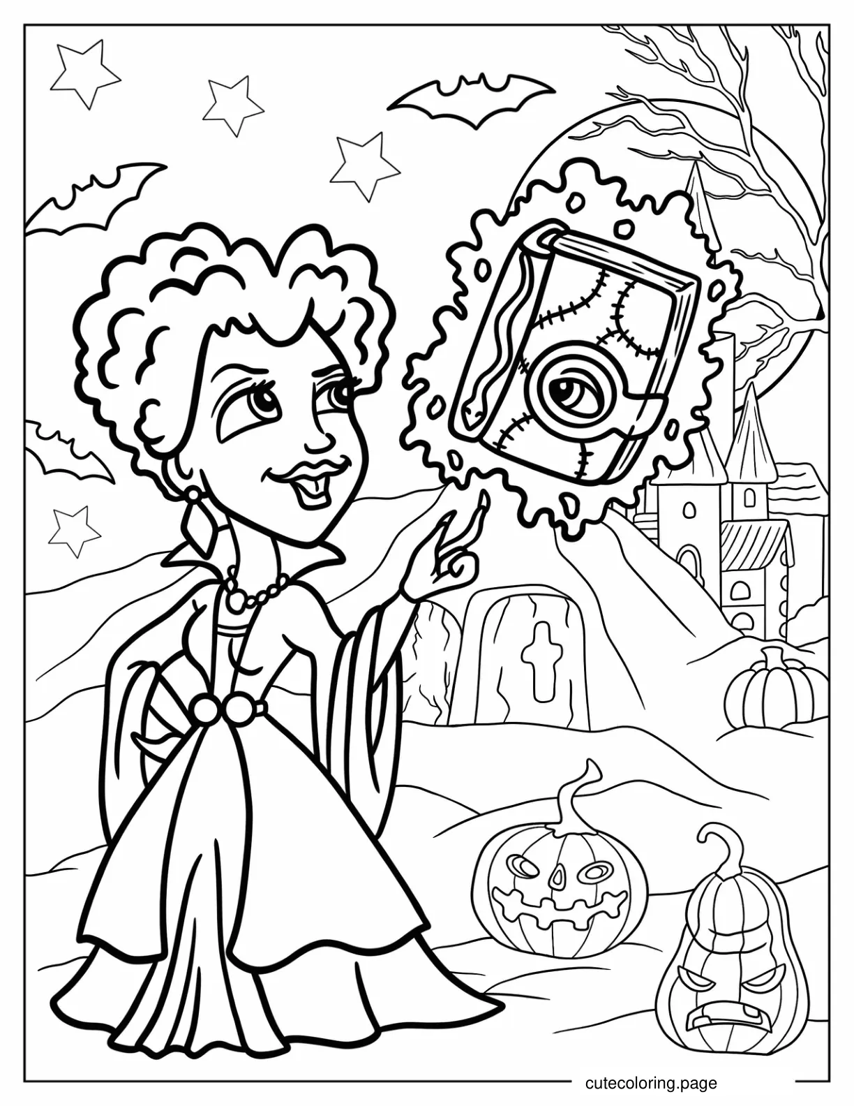 Cartoon Winifred Sanderson Doing Magic Coloring Sheet For Kids coloring page