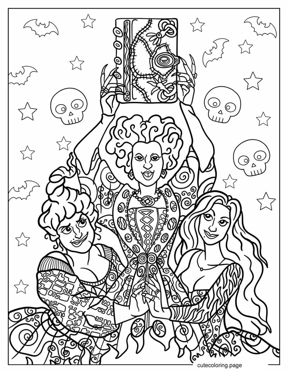 Detailed Winifred Sarah And Mary Sanderson Holding Up Book Of Spells Coloring Page coloring page