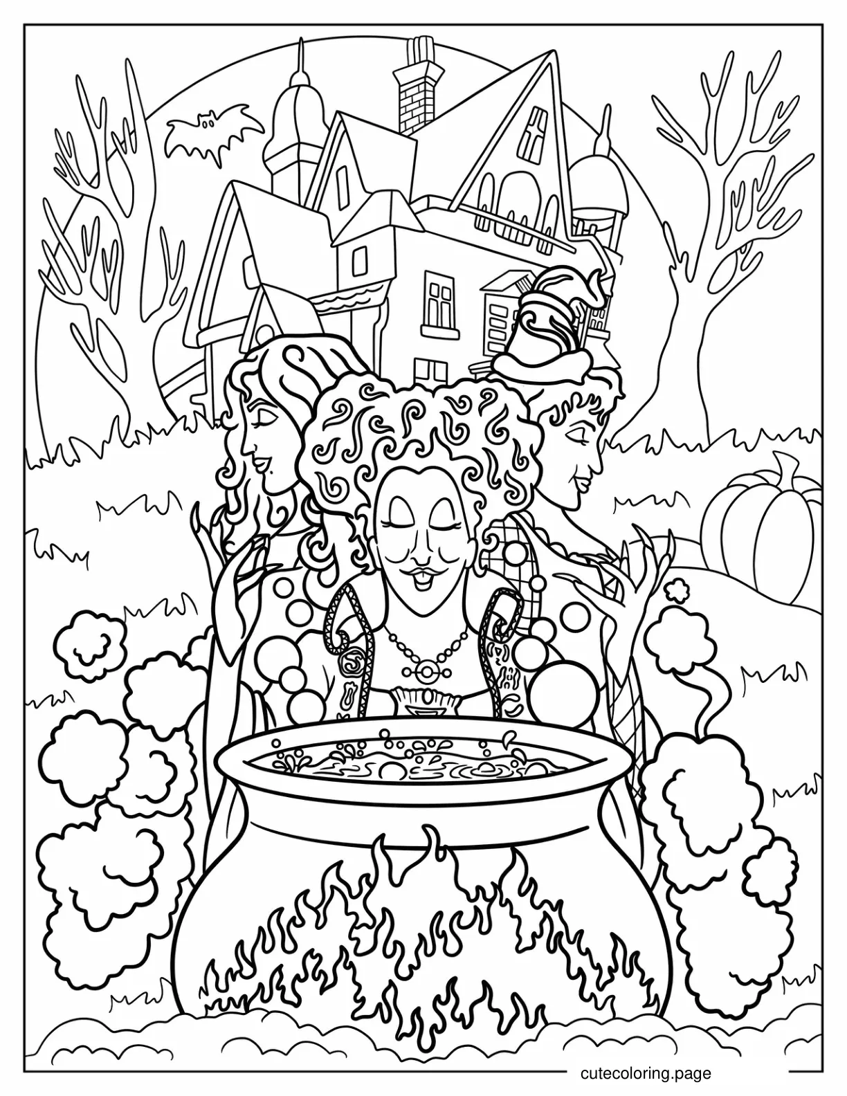 Hocus Pocus Sanderson Witches In Front Of Haunted House Coloring Page coloring page