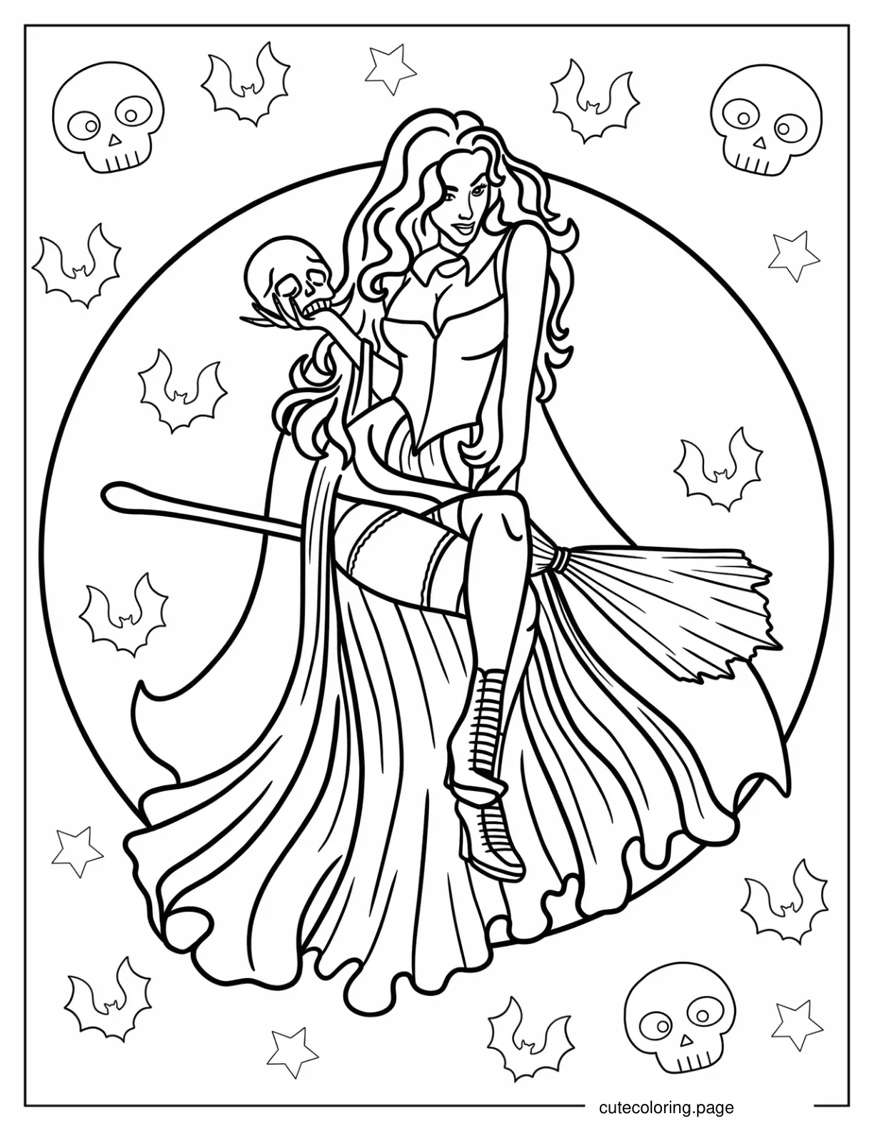 Hocus Pocus Sarah Sanderson On Broom Holding Skull Coloring Page coloring page