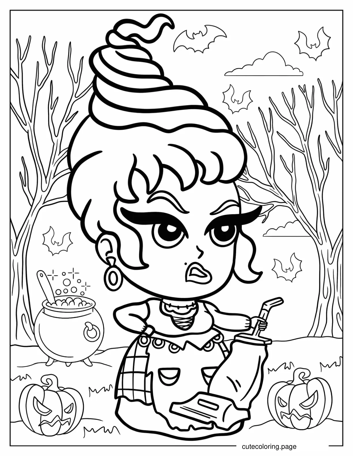 Kawaii Mary Sanderson With Cauldron On Halloween Coloring Sheet coloring page