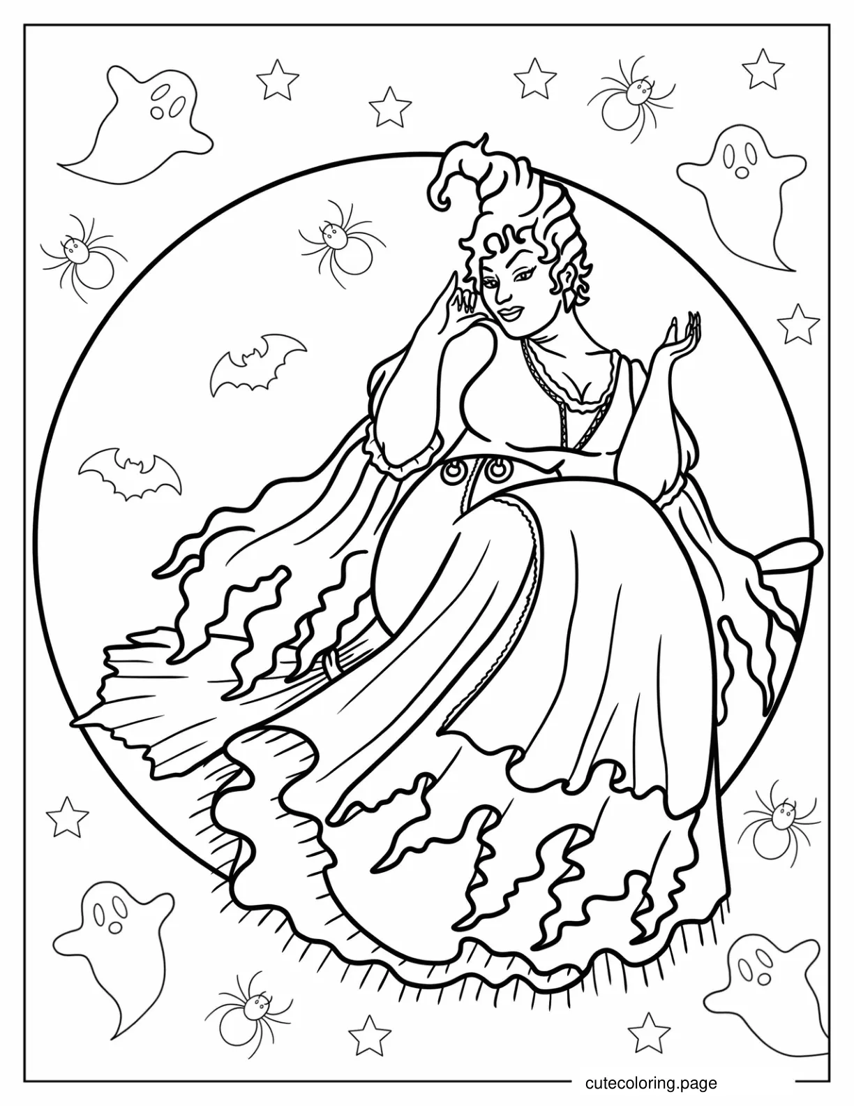 Mary Sanderson Flying On Her Broom On A Full Moon coloring page