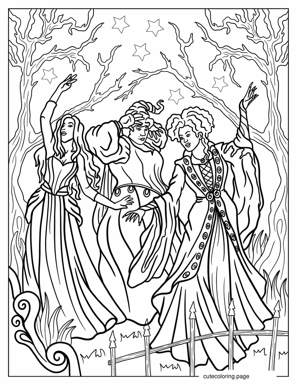 Realistic Hocus Pocus Winifred Sarah And Mary Sanderson In Forest coloring page