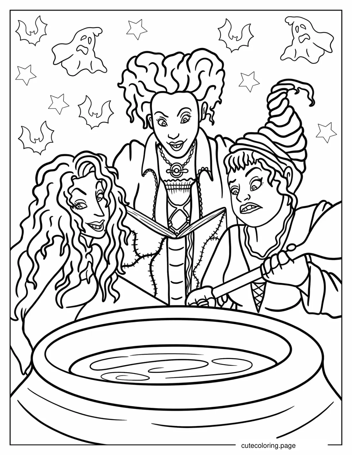 Winifred Sarah And Mary Sanderson In Front Of Witch_s Cauldron coloring page