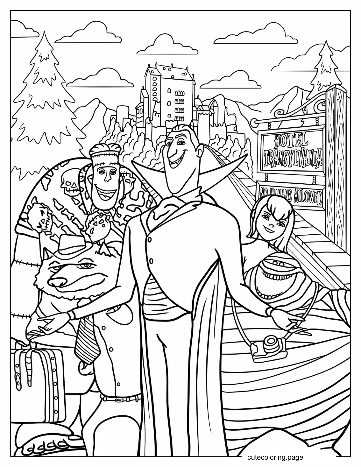 Dracula Mavis Frankenstein Wayne And Murray Outside Hotel Transylvania coloring page