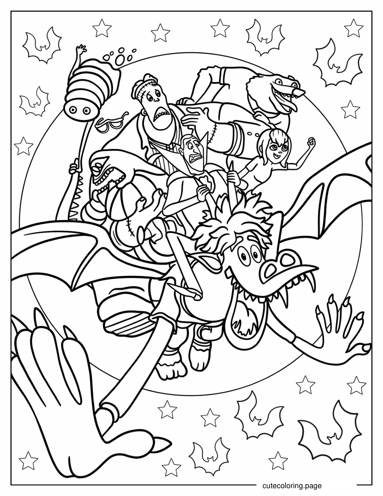 Hotel Transylvania Dracula Mavis Blobby Wayne Frankenstein And Murray Riding Johnny coloring page