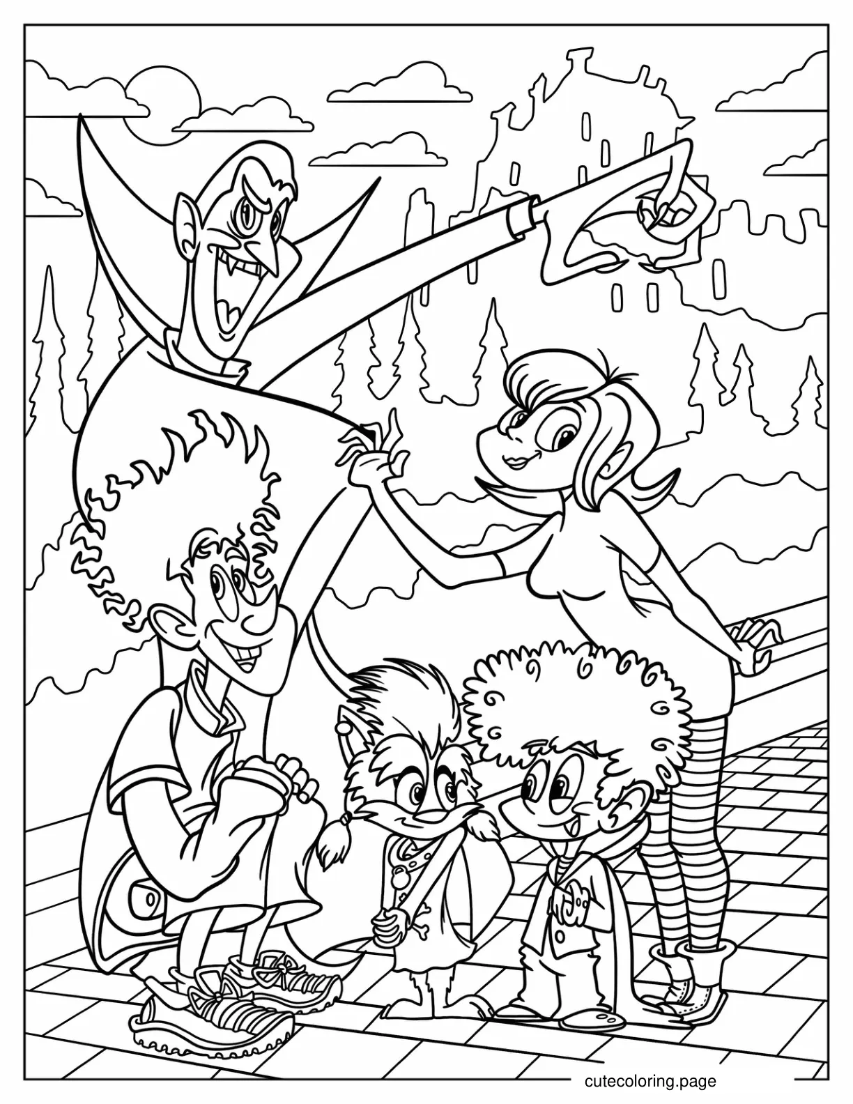 Mavis Dracula Jonathan Winnie And Dennis Outside Hotel Transylvania Coloring Page coloring page