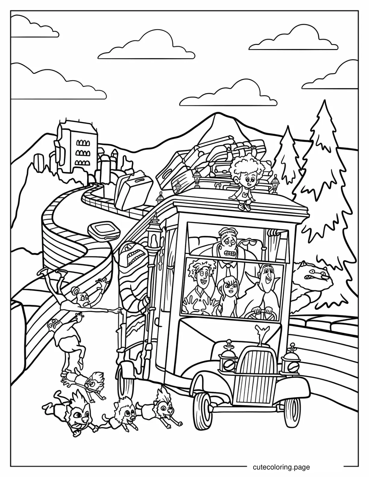 Mavis Jonathan Dracula Frankenstein Wayne Murray And Dennis Riding Car coloring page