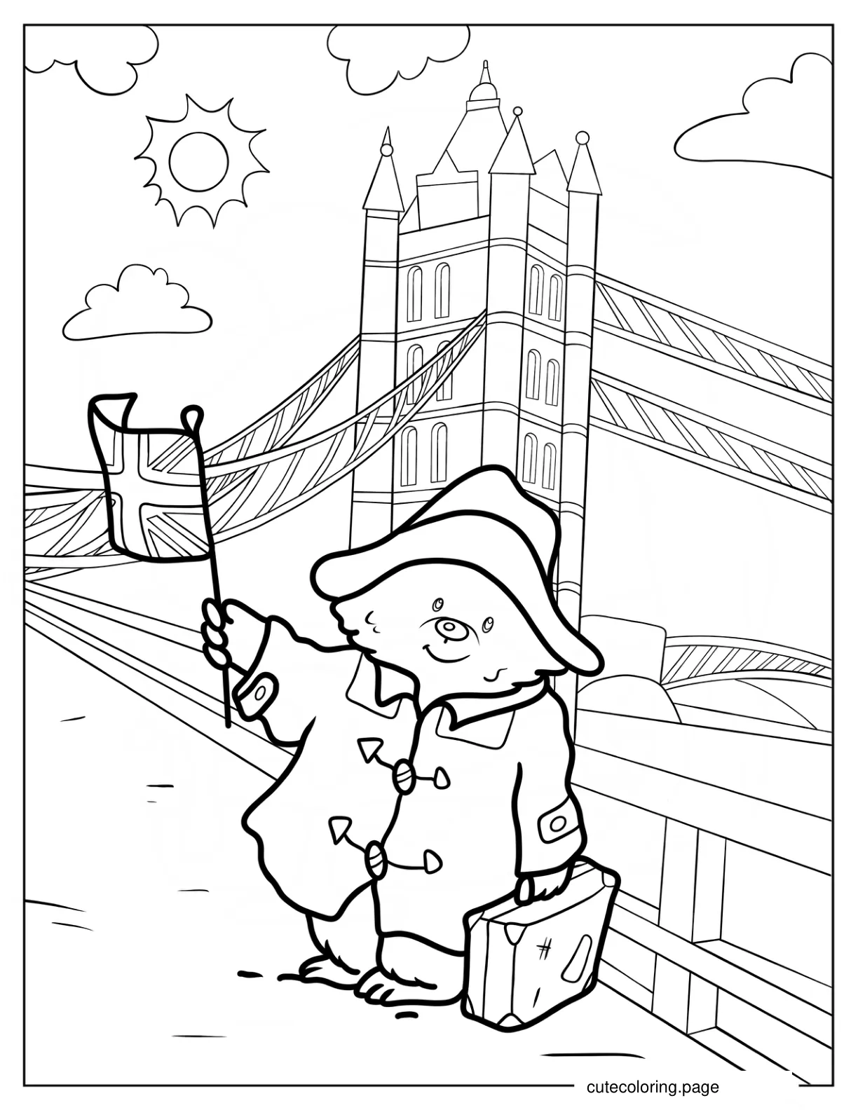 Cute Paddington Bear Waving The British Flag In Front Of London Bridge coloring page