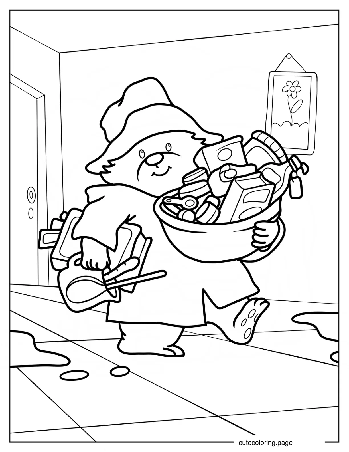 Kawaii Paddington Carrying A Bundle Of Things Coloring Page For Kids coloring page