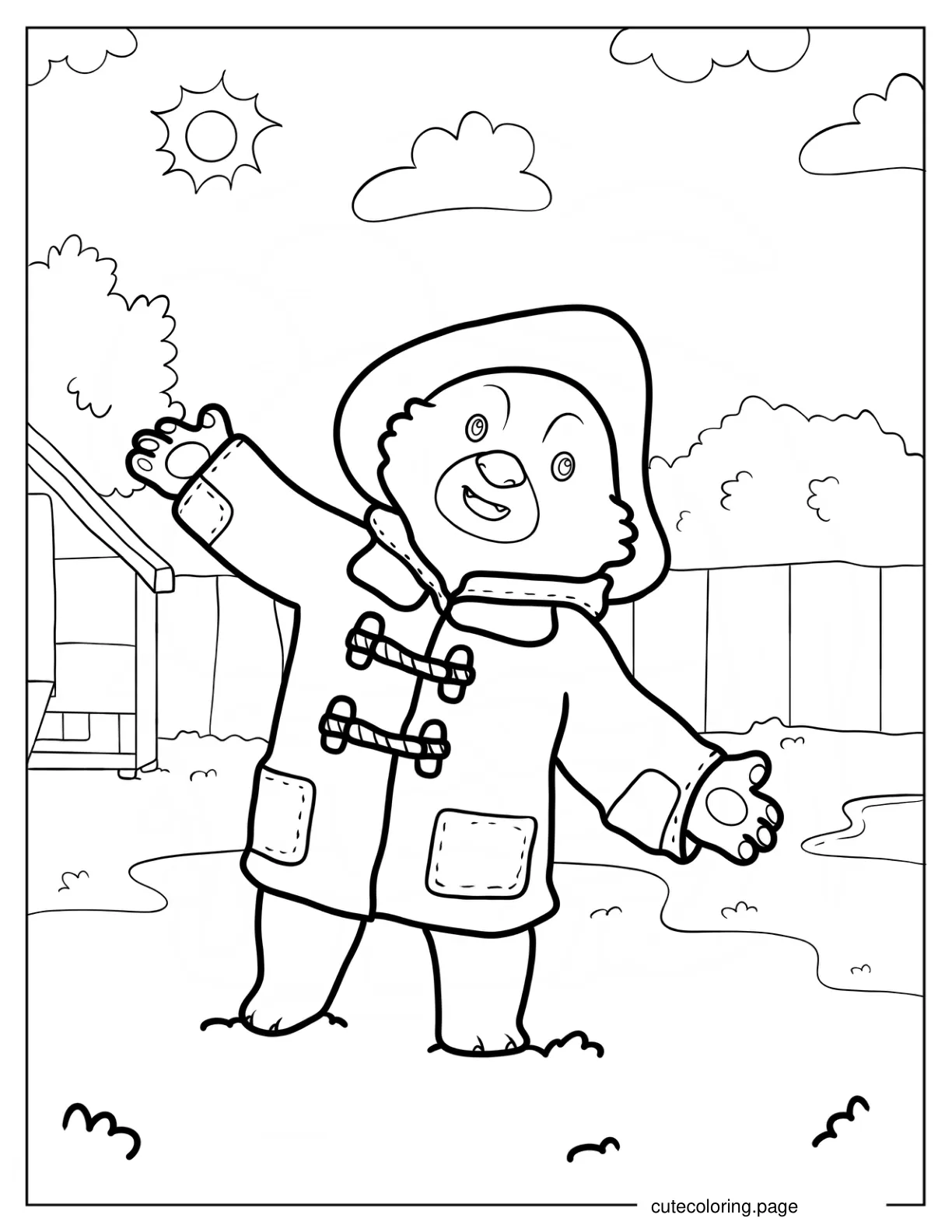 Kawaii Paddington Waving From A Backyard Coloring Page For Kids coloring page