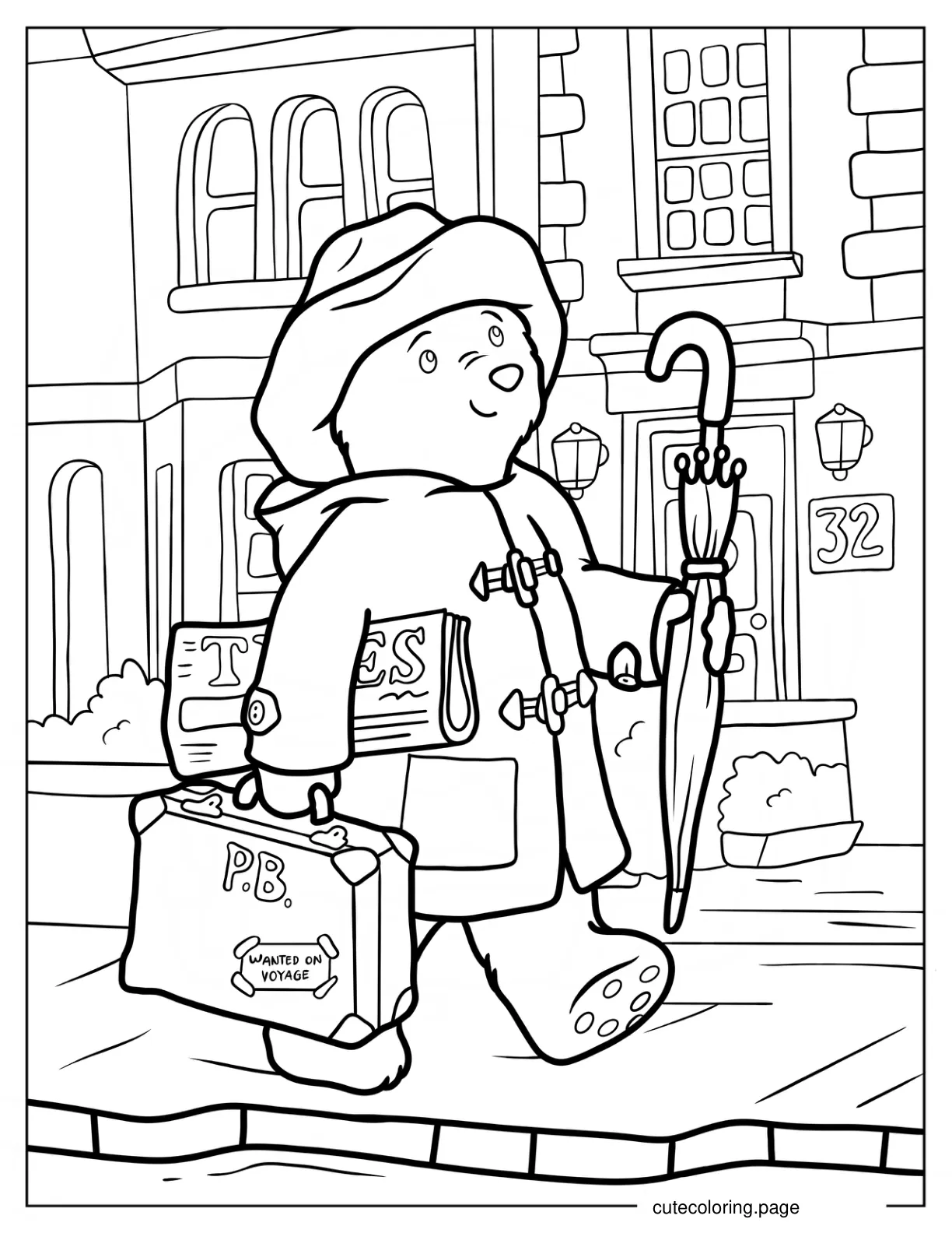 Paddington Carrying His Suitcase Umbrella And Newspapers While Walking On The Sidewalk Coloring Sheet coloring page