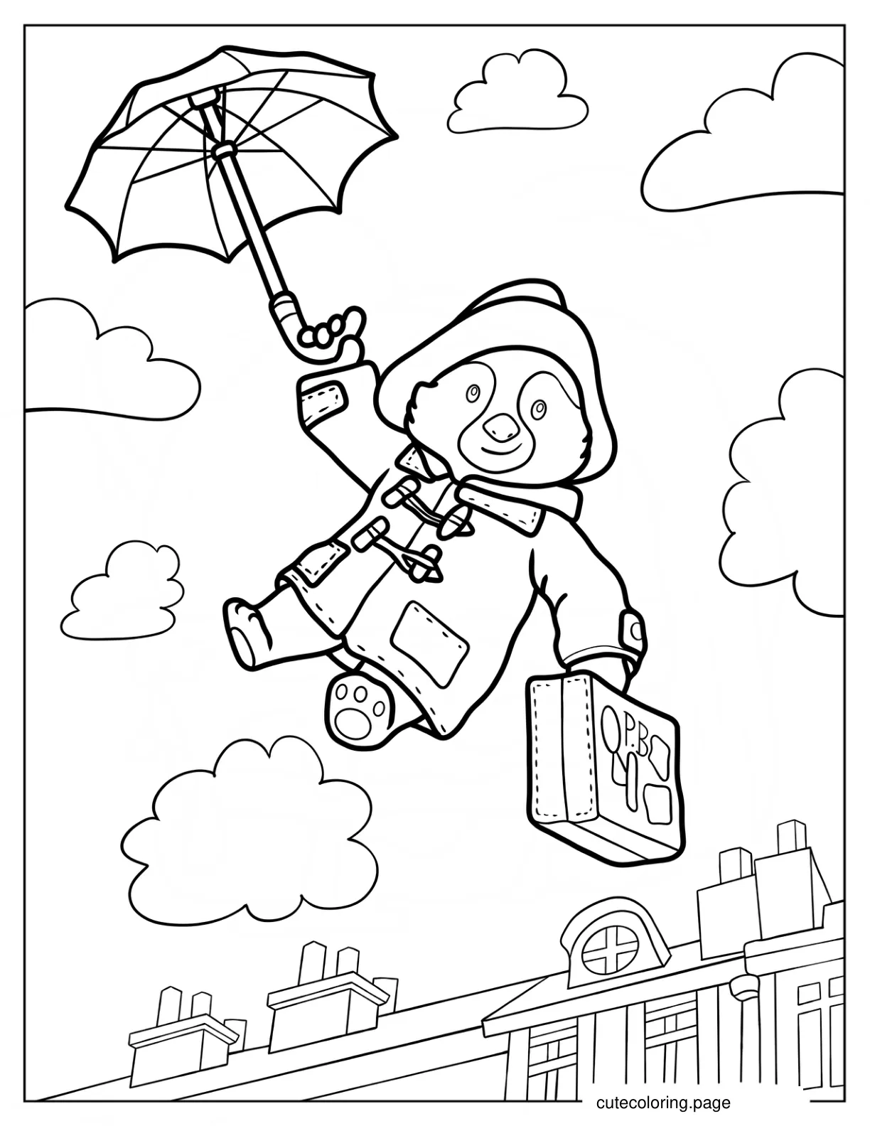 Paddington Flying In The Sky With His Umbrella And Suitcase coloring page