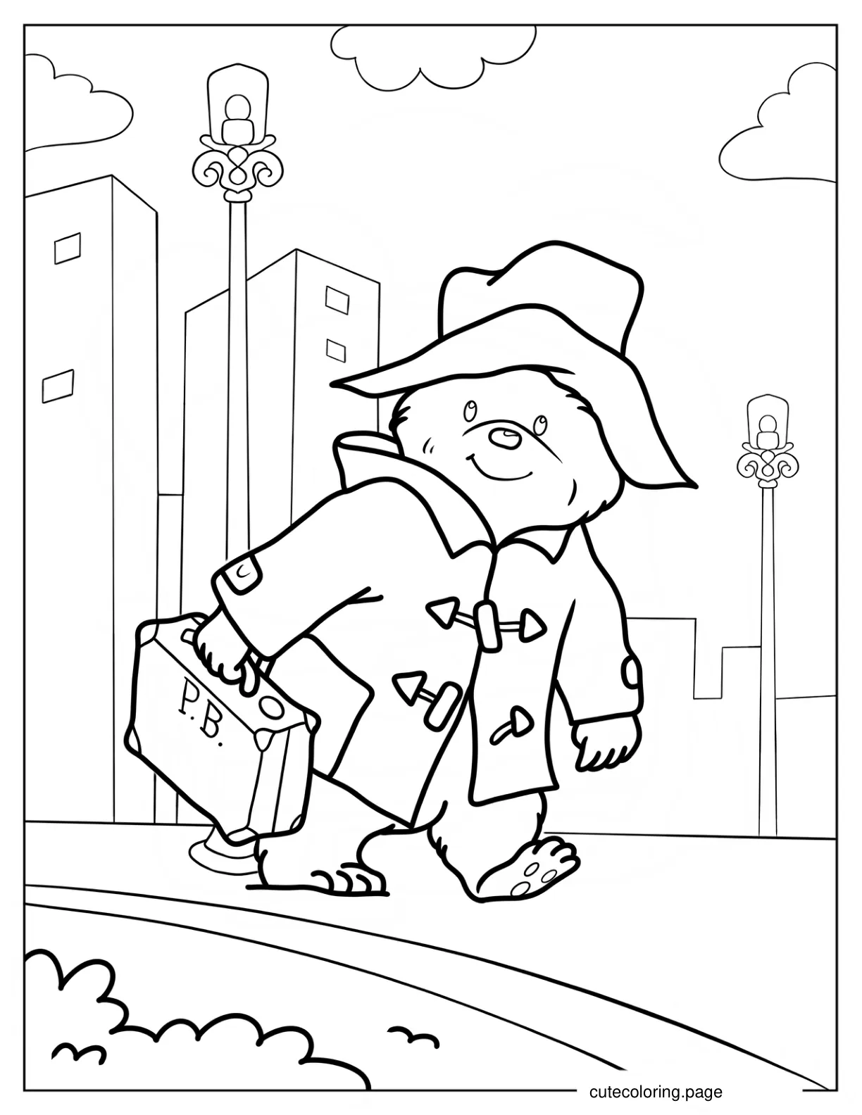 Paddington On The Sidewalk Coloring Sheet For Kids coloring page