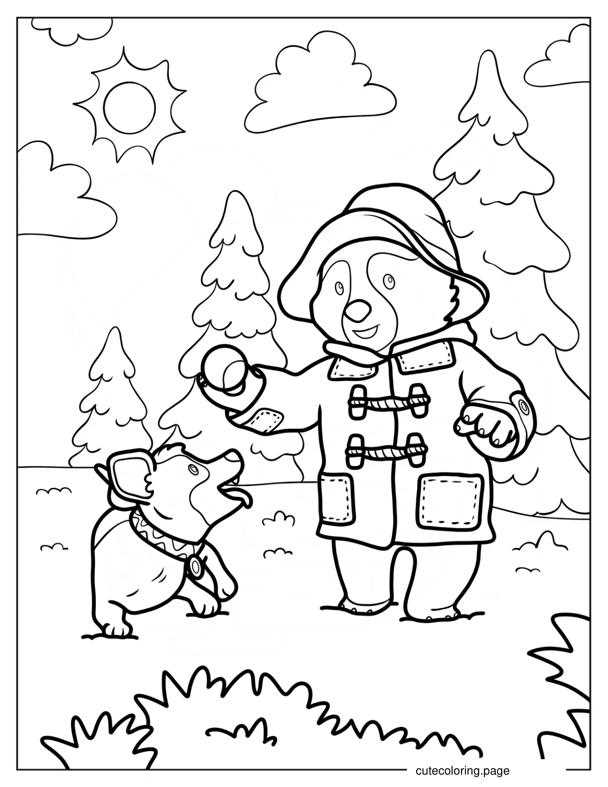 Paddington Playing With A Dog Coloring Sheet For Kids coloring page