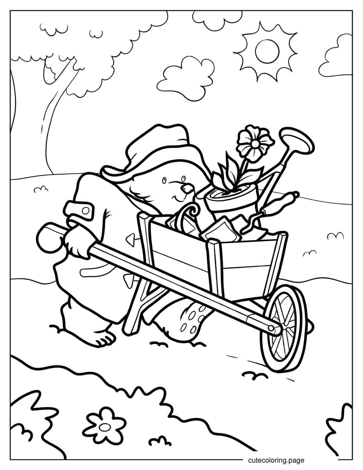 Paddington Pushing A Wheelbarrow Full Of Gardening Tools Coloring Page coloring page