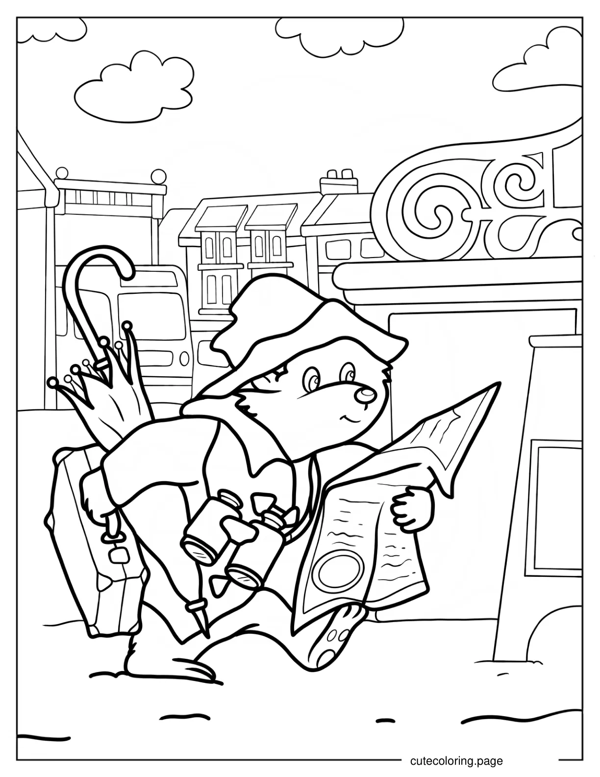 Paddington Rushing In London With His Newspaper Umbrella And Suitcase Coloring Page coloring page