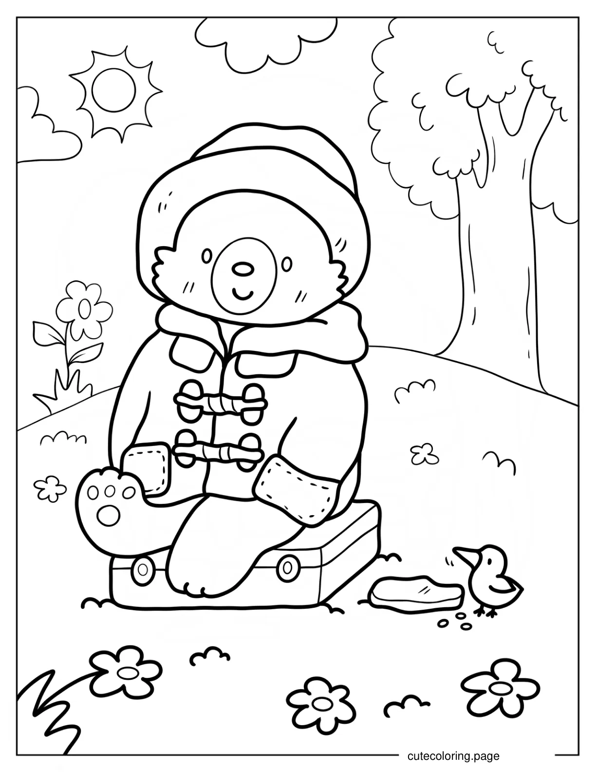 Simple Paddington Sitting On His Suitcase In The Park Coloring Page For Preschoolers coloring page