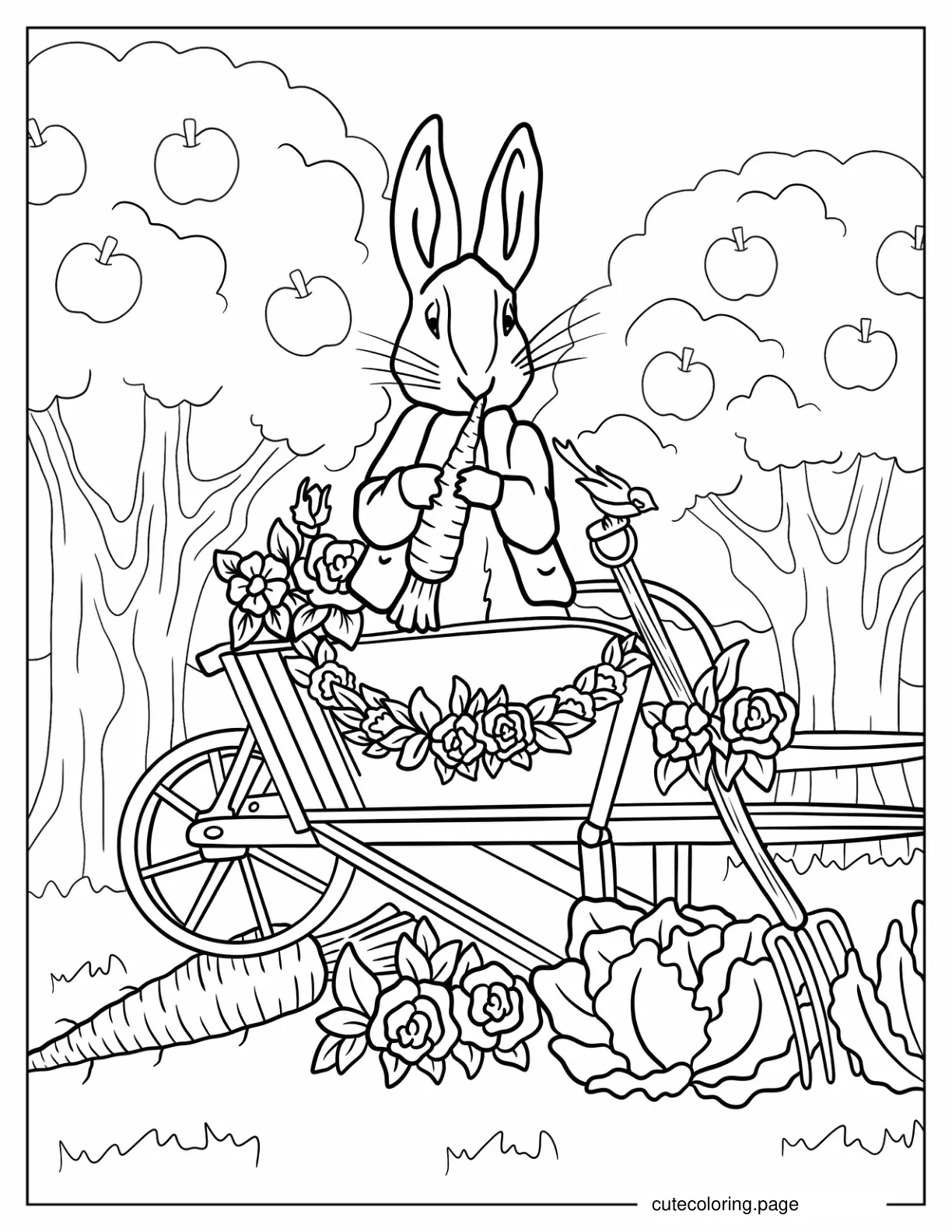 Detailed Peter Rabbit Riding A Wheelbarrow While Eating A Carrot coloring page