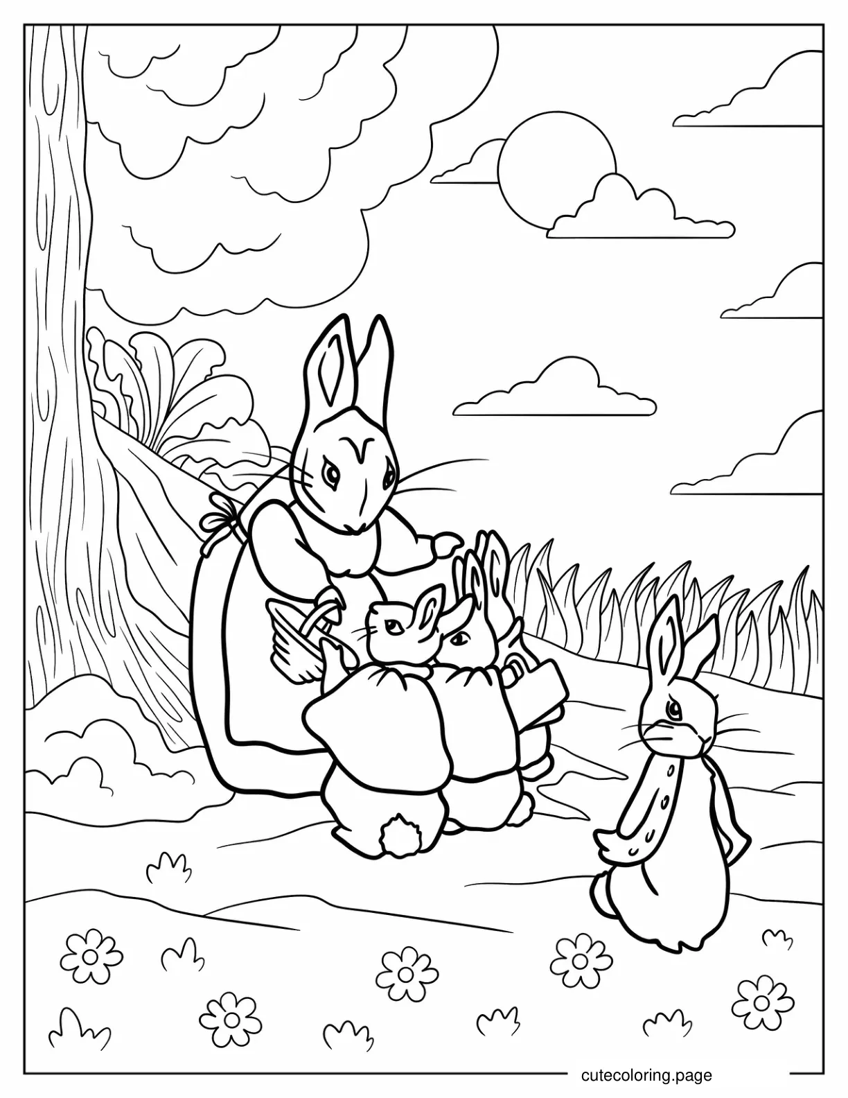 Josephine Rabbit Caring For Flopsy Mopsy Cotton Tail And Peter Rabbit Coloring Page coloring page