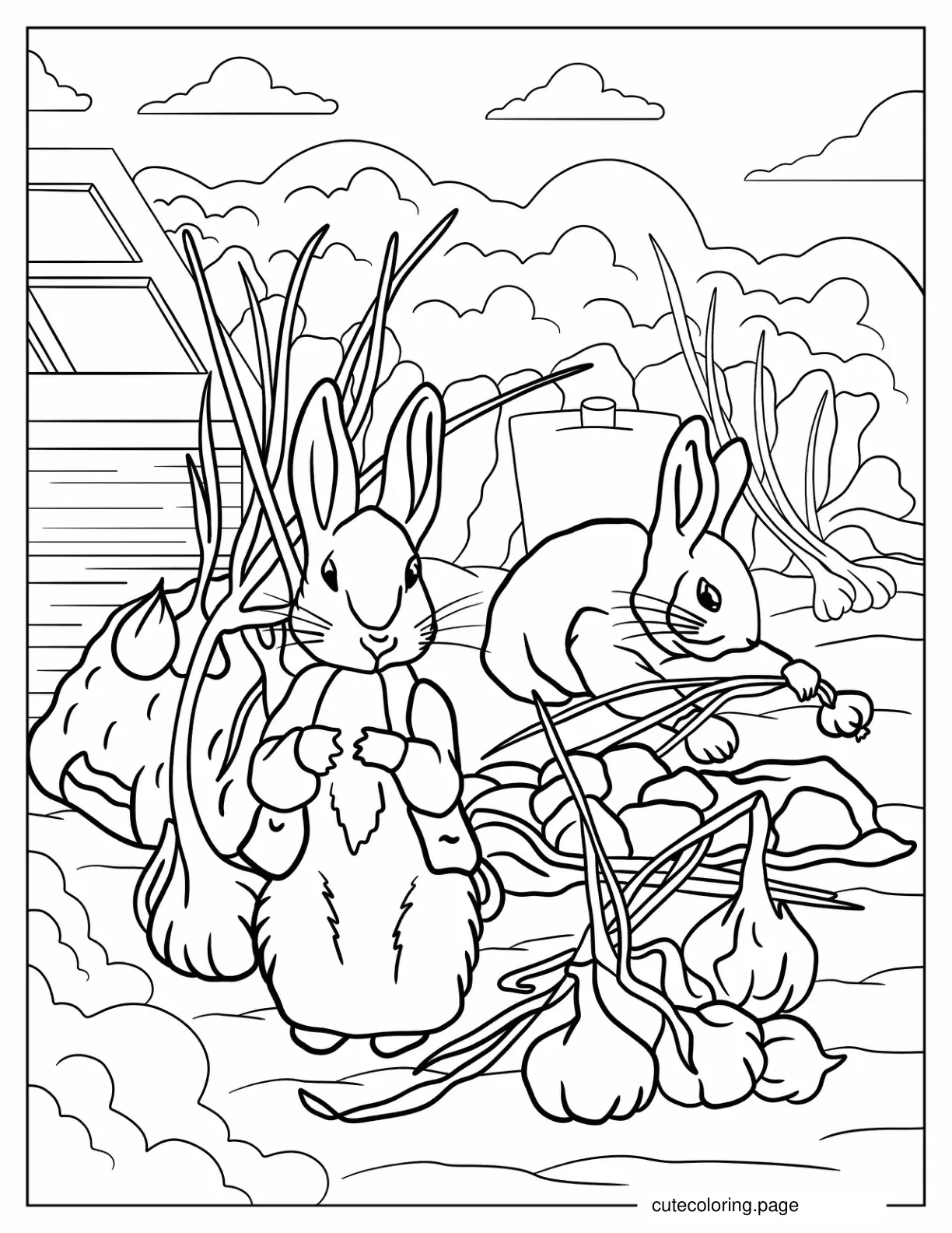 Peter Rabbit Harvesting Garlics With Benjamin Bunny Coloring Page coloring page