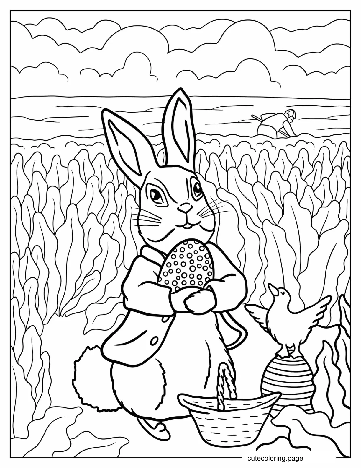 Peter Rabbit Holding An Easter Egg In A Field Coloring Page coloring page