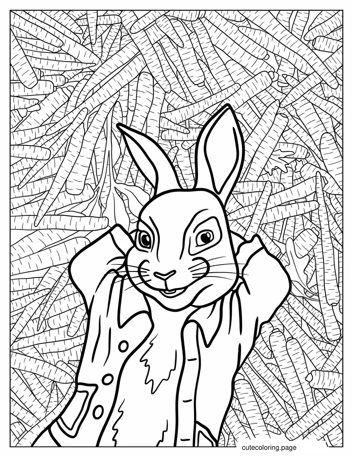 Peter Rabbit Lying On A Bed Of Carrots Coloring Sheet coloring page